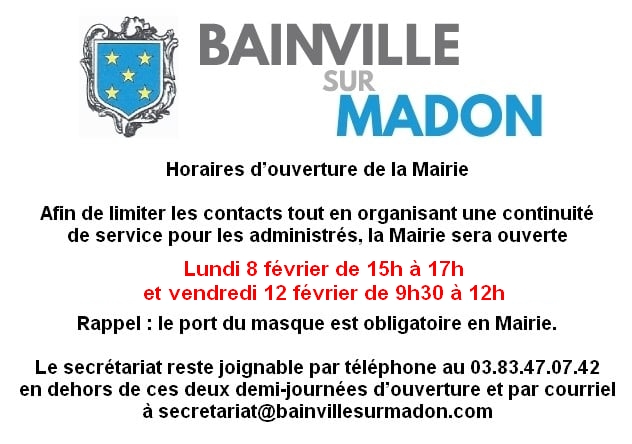 Lire la suite à propos de l’article Horaires d’ouverture de la mairie du 8 au 12 février 2021