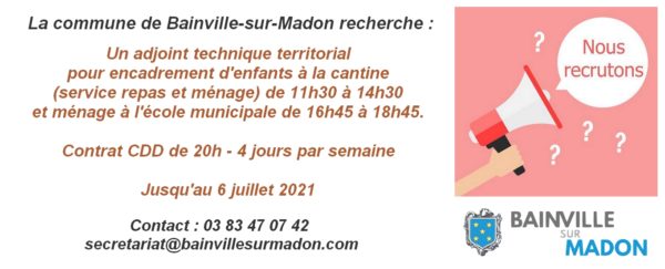 Lire la suite à propos de l’article La commune de Bainville-sur-Madon recherche un adjoint technique territorial !