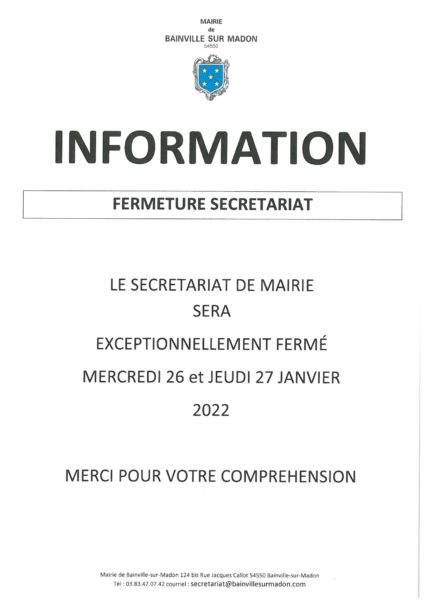 Lire la suite à propos de l’article Fermeture du secrétariat de mairie les 26 et 27 janvier