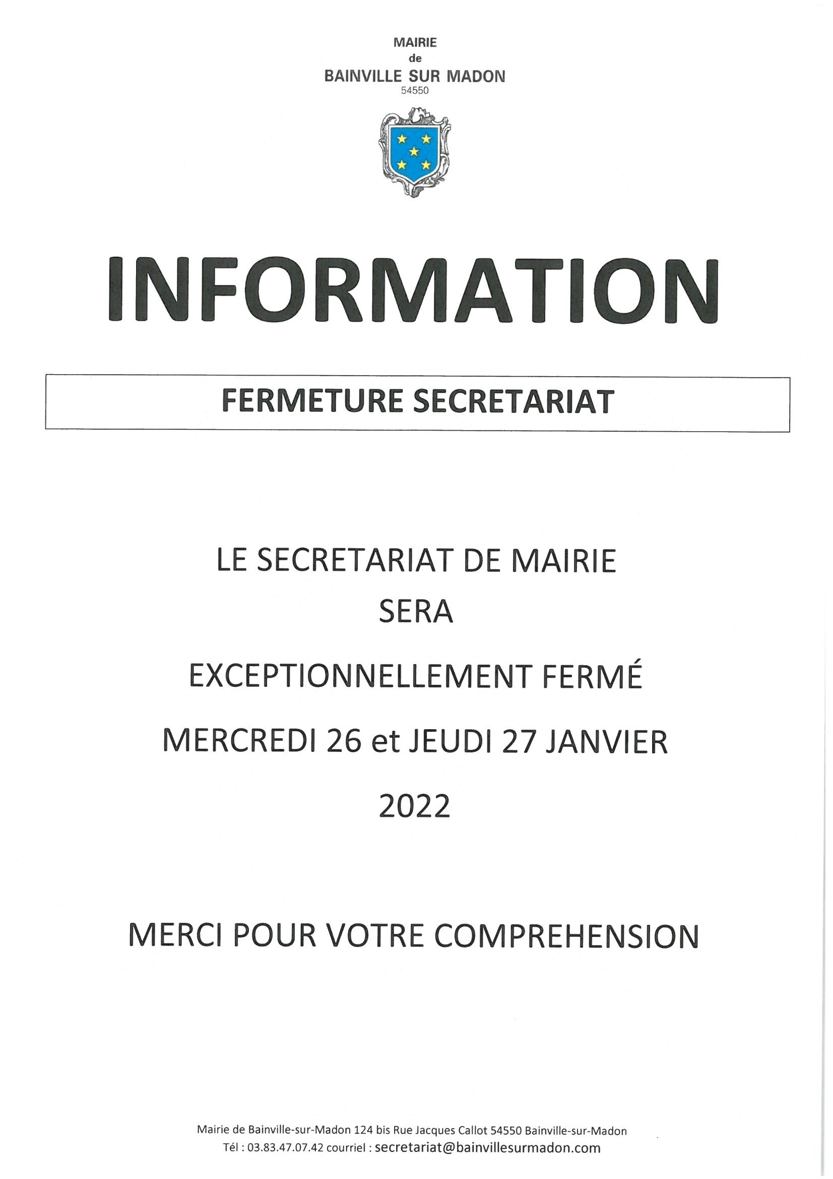 Lire la suite à propos de l’article Fermeture du secrétariat de mairie les 26 et 27 janvier