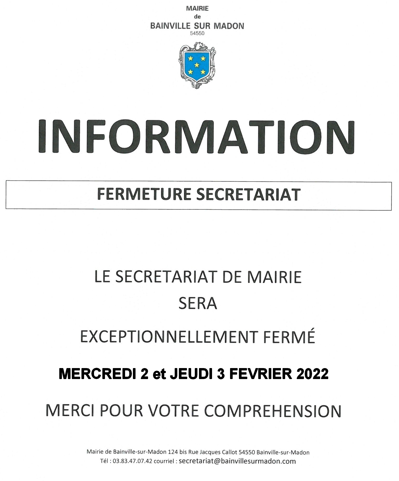 Lire la suite à propos de l’article Fermeture du secrétariat de mairie les 2 et 3 février 2022