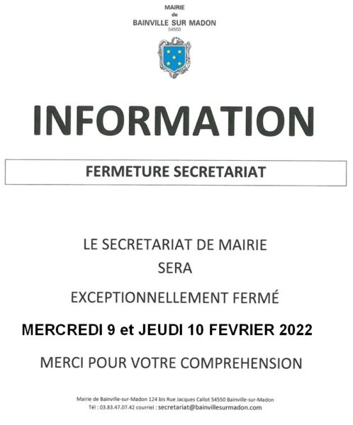 Lire la suite à propos de l’article Fermeture du secrétariat de mairie (9 et 10 février 2022)