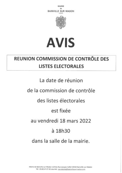 Lire la suite à propos de l’article Avis réunion commission de contrôle des listes électorales 2022