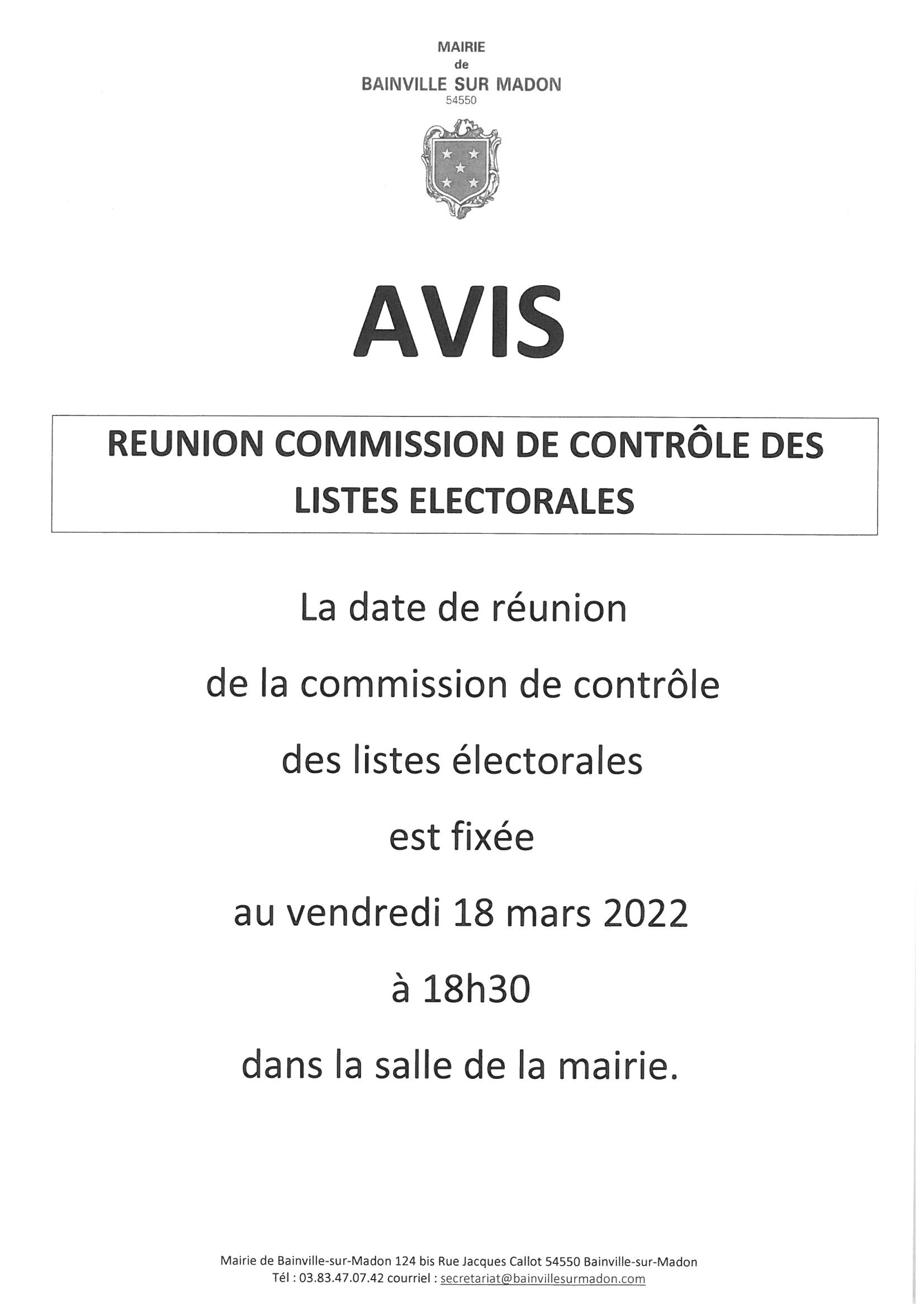 Lire la suite à propos de l’article Avis réunion commission de contrôle des listes électorales 2022