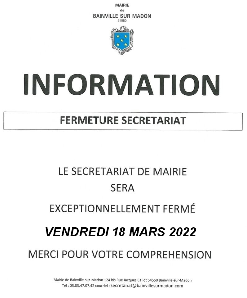 Lire la suite à propos de l’article Fermeture du secrétariat de mairie (18 mars 2022)