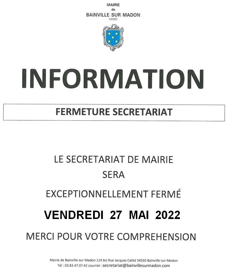 Lire la suite à propos de l’article Fermeture du secrétariat de mairie (27 mai 2022)