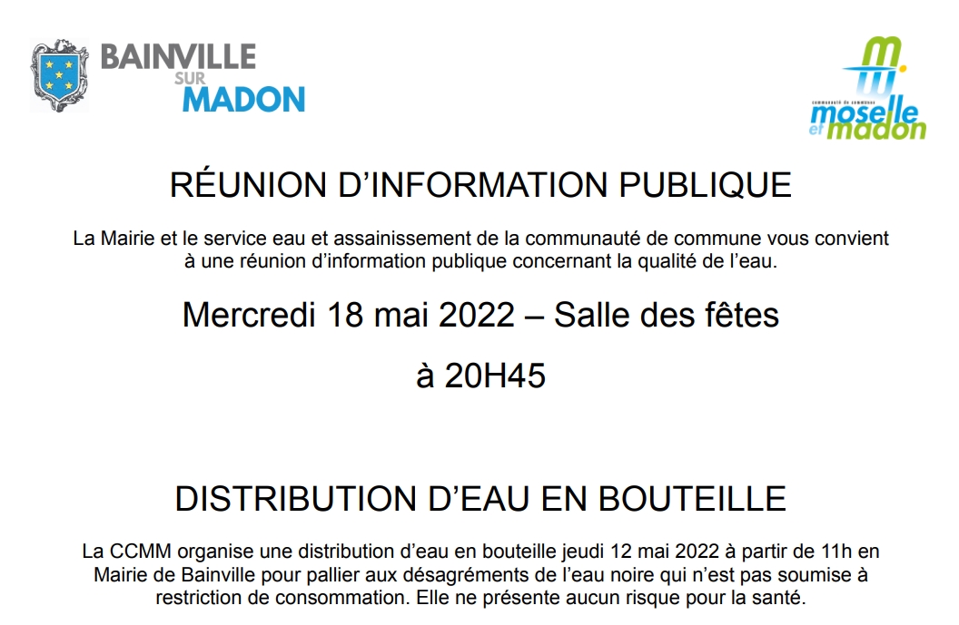 You are currently viewing Réunion publique autour de la qualité de l’eau (18 mai 2022) et distribution de pack d’eau (12 mai 2022)  !