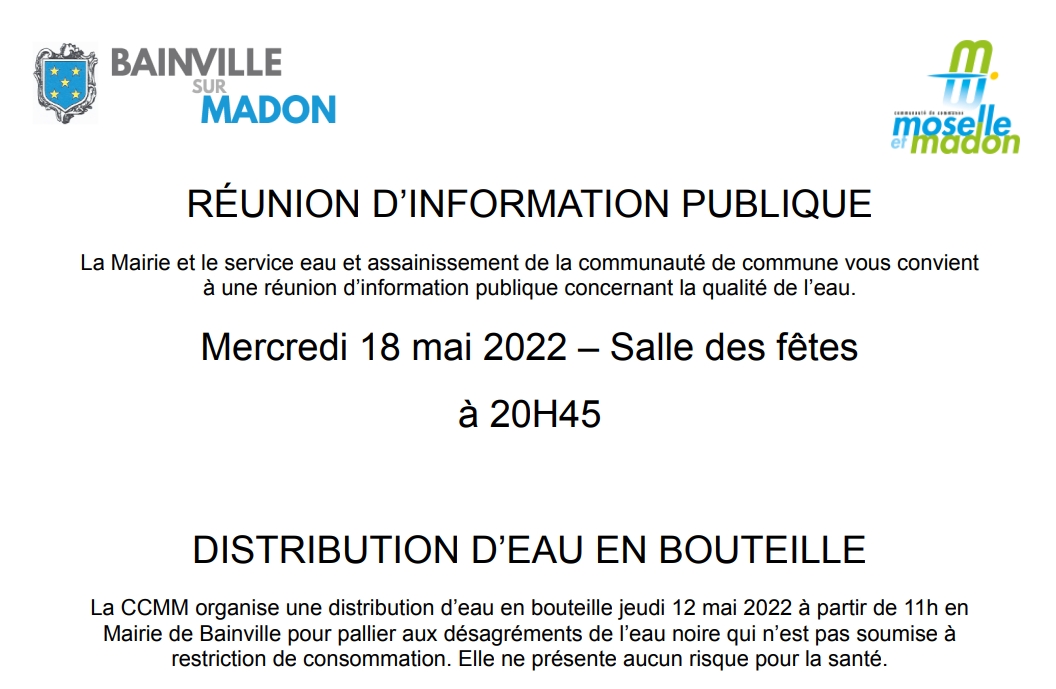 Lire la suite à propos de l’article Réunion publique autour de la qualité de l’eau (18 mai 2022) et distribution de pack d’eau (12 mai 2022)  !