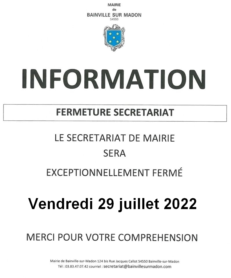 Lire la suite à propos de l’article Fermeture exceptionnelle du secrétariat de mairie (29 juillet 2022)