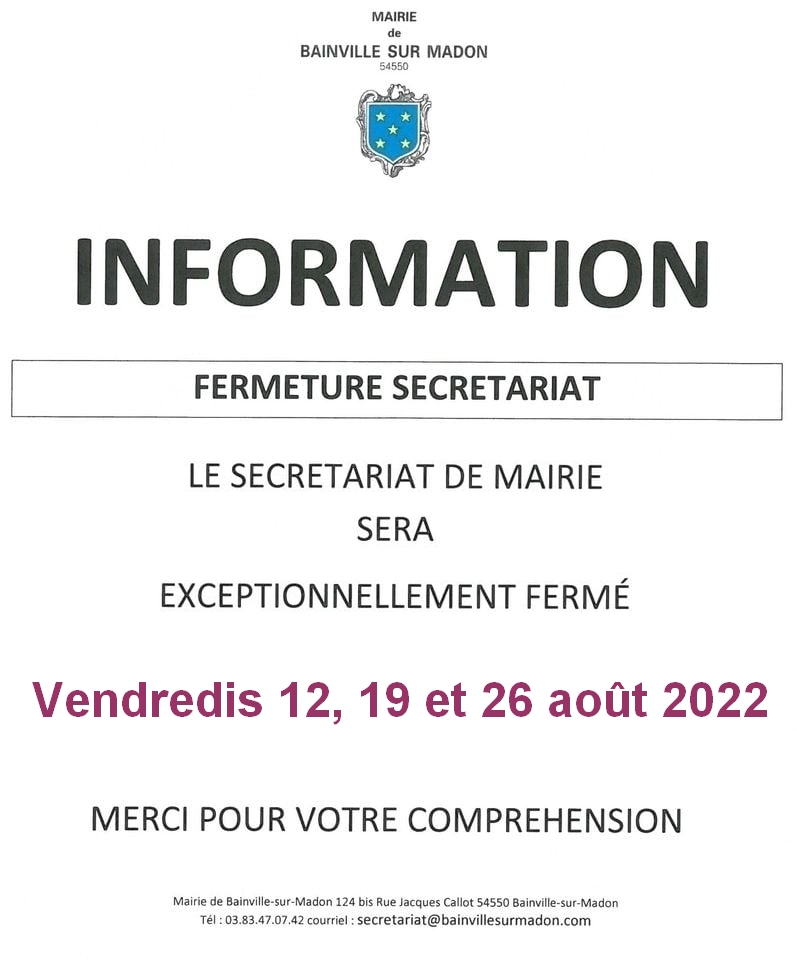 Lire la suite à propos de l’article Fermeture exceptionnelle du secrétariat de mairie (12, 19 et 26 août 2022)