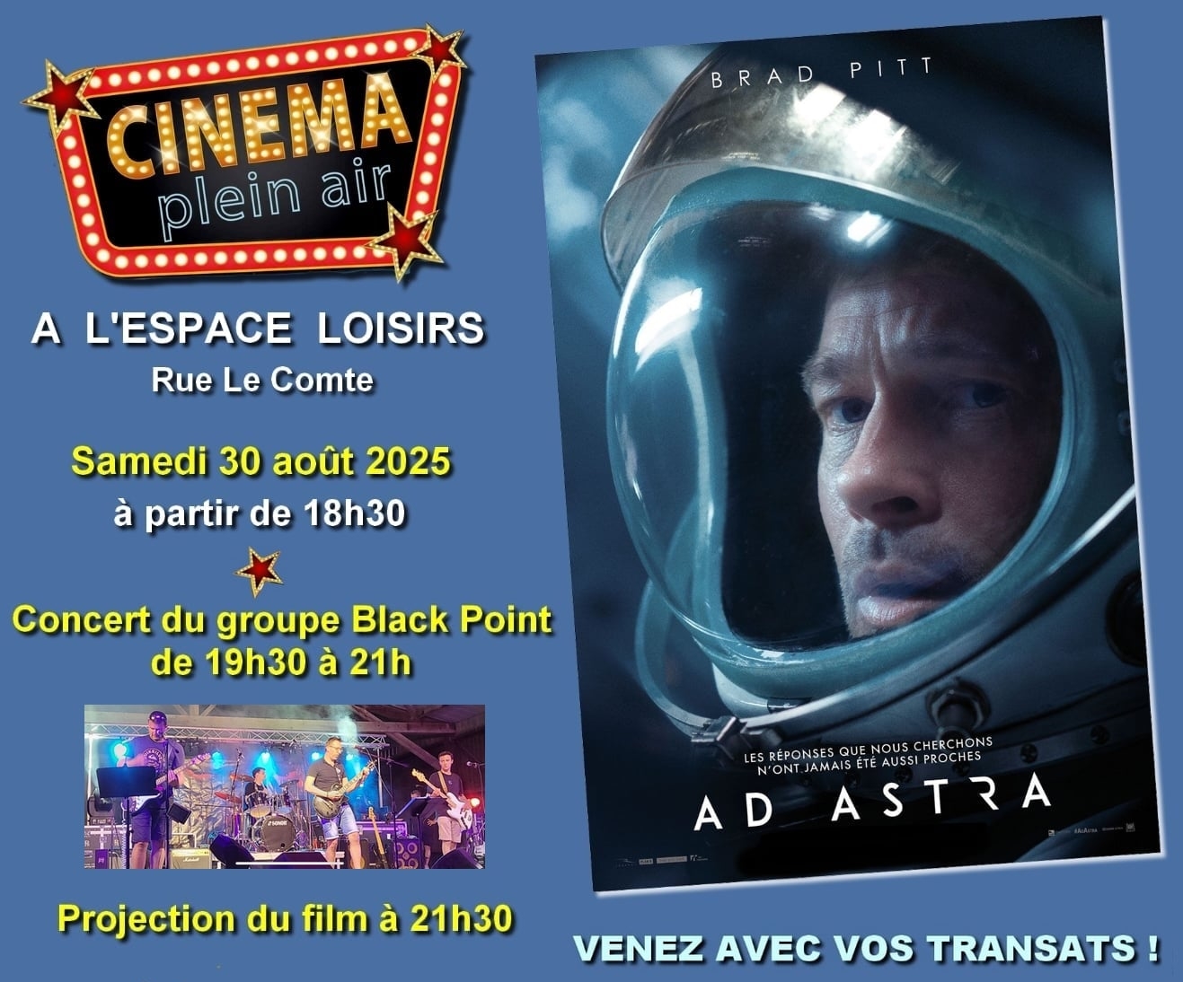 Lire la suite à propos de l’article Soirée musicale et cinéma en plein air (30 août 2025)