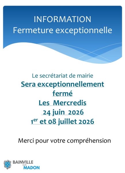 Lire la suite à propos de l’article Fermetures exceptionnelles du secrétariat de mairie