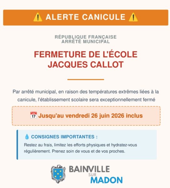 Lire la suite à propos de l’article Arrêté municipal concernant la fermeture temporaire et exceptionnelle de l&rsquo;école communale (23 au 26 juin 2026)